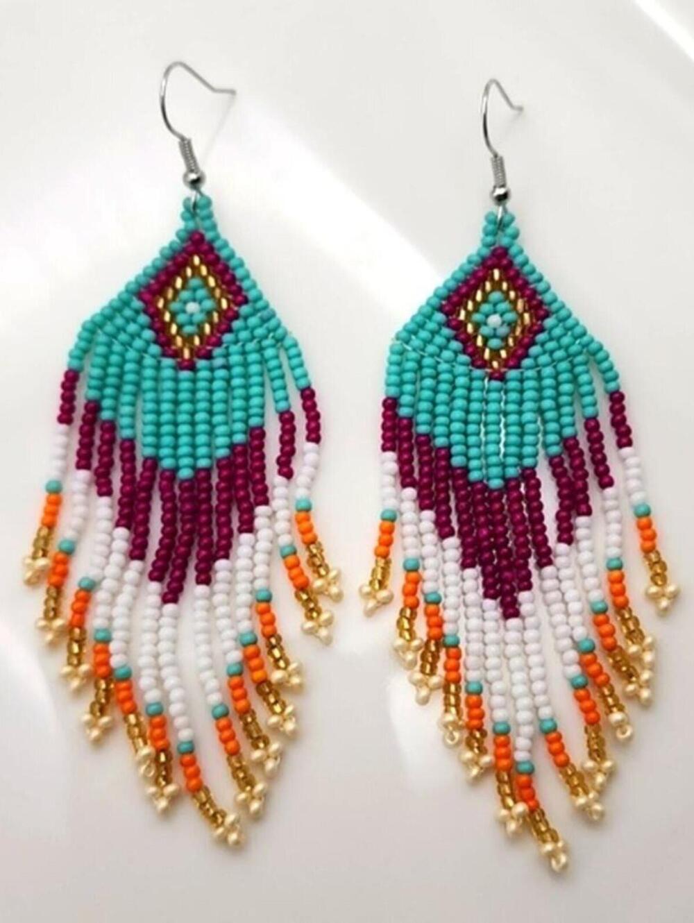 Sonoran Sky White Teal Boho Beaded Fringe Earrings